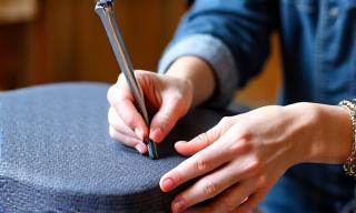 Upholsterer working on re-covering a chair seat.